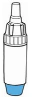 Schematic black-and-white drawing of a pen-shaped medical device with a light blue colored base and a contoured upper part