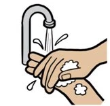 Drawing of two hands being washed with white foam under a water stream