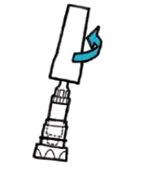 Technical drawing of a medical device with a light blue curved arrow indicating a clockwise rotation movement of the upper part