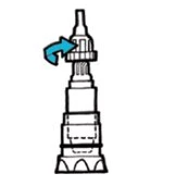Technical drawing of a medical device with a light blue curved arrow indicating a counterclockwise rotation movement of the upper part