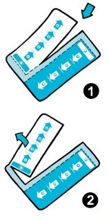 Two-step diagram showing how to fold a blue and white medical device towards