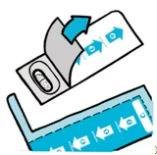 Technical illustration showing how to peel off the protective film from a medication blister following the direction of blue arrows