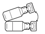 Diagram showing the rotational movement of a vial to open it or unscrew its cap, with a curved arrow indicating motion between two positions
