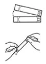 Disegno tecnico che mostra come separare un contenitore cilindrico in due parti e come impugnarlo con entrambe le mani per l'uso