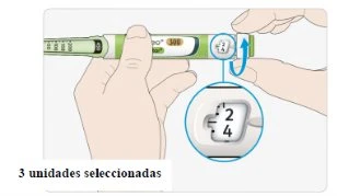 Hands holding an injection pen with a magnified view showing the selector set at the number 3 of selected units