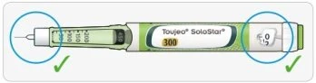 Horizontal diagram of a Toujeo SoloStar pen with blue circles highlighting the