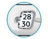 Close-up of a circular medical device with a window displaying the numbers 28 and 30 on a white background with black tick marks