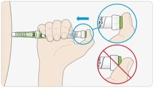 A hand holding an injection pen against the skin with a blue arrow indicating the movement toward the