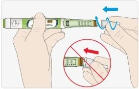 Two hands holding an injection pen with a blue arrow indicating the correct rotational movement and a red circle with a slash prohibiting an incorrect movement