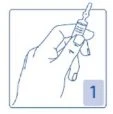 Una mano tiene verticalmente una fiala di vetro con tappo e sigillo per la preparazione del farmaco accanto al numero 1