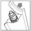 Technical drawing showing a hand grasping and removing a part of a housing or container, with a directional arrow pointing downward at the