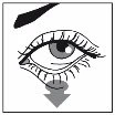 Black and white drawing of a human eye with long eyelashes and prominent eyebrows, with a downward-pointing arrow beneath the