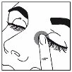 Black and white drawing of a face showing a hand pressing a disc or circle onto the area near the