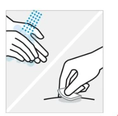 Schematic drawing showing two hands rubbing a skin area and one hand applying a small patch to a flat surface