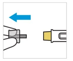 A hand holding a medical device while a blue arrow indicates movement to the left for use