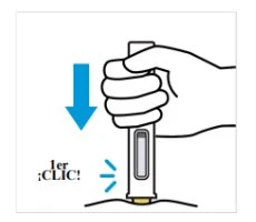 A hand holding an injection pen pressing it downward with a blue arrow and the word 'click' to indicate activation