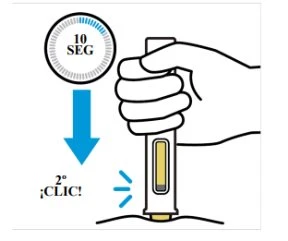 Illustration of a hand holding a medical device with a 10-second timer and a blue arrow pointing to a second 'click' during use