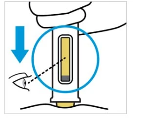 Technical drawing showing an eye observing the level of yellow liquid in a container