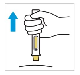 A hand holding a vertical injector pen above the skin with a blue arrow pointing downward
