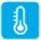 White thermometer icon with graduated scale on a light blue square background with rounded corners