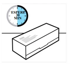 Stylized clock indicating 30 minutes and a rectangular medicine box on a flat white surface