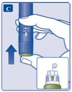 Una mano impugna un dispositivo medico blu con una freccia rivolta verso l'alto e un dettaglio ingrandito della base del dispositivo stesso