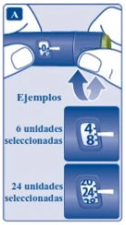 Due mani tengono una penna iniettiva blu con frecce che indicano il movimento e due riquadri mostrano i dosaggi di 6 e 24 unità selezionate