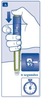 Una mano impugna un dispositivo medico blu e verde con un contatore che segna zero e un cronometro che indica sei secondi