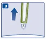 Diagramma con freccia blu rivolta verso l'alto accanto a un dispositivo medico verde e bianco per indicare il movimento di estrazione o sollevamento