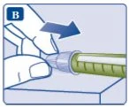 Mani che impugnano un dispositivo medico con una freccia blu che indica il movimento di rimozione o scorrimento verso destra