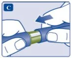 Due mani impugnano un dispositivo medico cilindrico blu e dorato, con una freccia blu che indica il movimento di rotazione o scorrimento