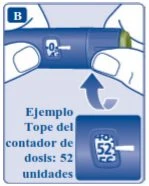 Due mani tengono una penna iniettiva blu con display che segna 0 e un riquadro che mostra un esempio di contatore dose a 52 unità