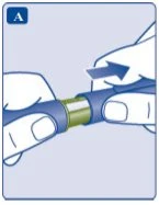 Due mani tengono un dispositivo medico blu e cilindrico e lo ruotano verso destra seguendo la direzione di una freccia bianca spessa