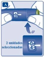 Due mani tengono una penna iniettore blu con display su 0 e una freccia curva indica la rotazione per selezionare 4 unità nel riquadro inferiore