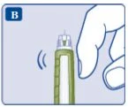 Una mano tiene verticalmente un dispositivo medico a penna che emette vibrazioni indicate da linee curve accanto al corpo dell'oggetto