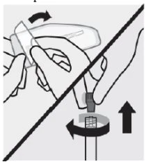 Technical drawing divided by a diagonal line showing hands manipulating a medical device with arrows indicating rotational movements and direction