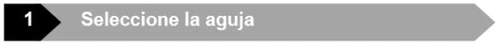 Black arrow with the number 1 followed by a gray arrow with the Spanish text 'Seleccione la aguja' on a white background
