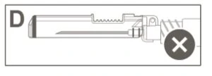 Technical drawing of a medical device with a thin tip and a symbol of a white cross in a dark circle on the right