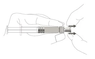 Two hands holding a syringe horizontally while a third hand pushes the end part toward the