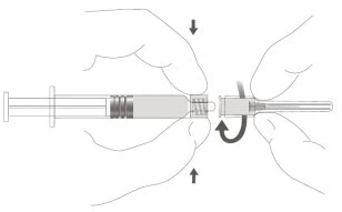 Two hands holding and rotating a syringe to screw on the tip with a circular motion indicated by black directional arrows