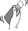 A hand holding a tilted medicine vial with motion lines indicating the pouring or shaking action