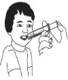 Black-and-white drawing of a child holding a needle-free syringe near the mouth for administration