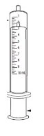 Technical drawing of a 10 ml graduated syringe with a numerical scale from 1 to 10 and a liquid level indicator in the transparent cylinder