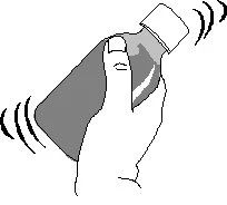 A hand holding a medicine bottle tilted, with curved lines on the sides indicating the shaking motion of the bottle