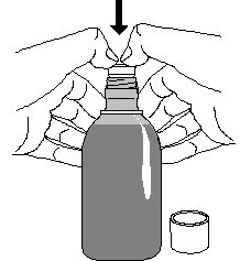 Two hands pressing firmly downward on the cap of a medical bottle, with a black arrow indicating the direction of pressure