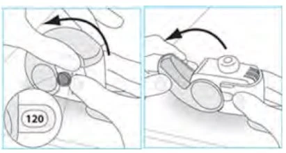 Two illustrations show hands rotating a medical device with black curved arrows and a circular detail with the number 120