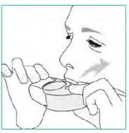 Black and white drawing of a person holding an inhaler with both hands near the mouth for the
