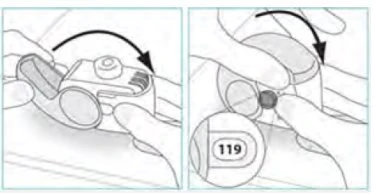 Two drawings show hands rotating a medical device with a black curved arrow indicating clockwise rotational movement