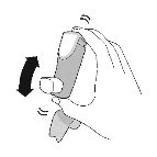 Black and white drawing of a hand holding a medical device and moving it back and forth following a black curved arrow