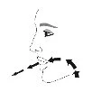 Schematic drawing of a face profile with black arrows indicating lateral and inward movements and the